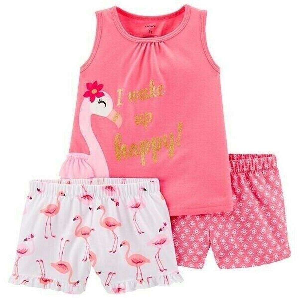 Toddler Girl Flamingo Top & Shorts Pajama 3 Piece Set Pink White Gold Glitter 2T